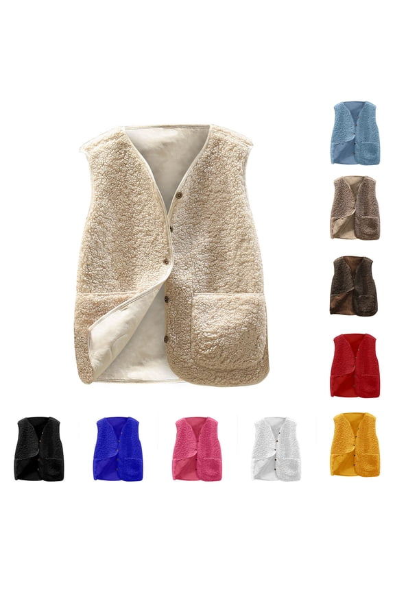 Women's Shaggy Teddy Vest with Pockets Fall Winter Short Sleeveless Fleece Jacket Button Open Front Lamb Wool Outerwear Warehouse Sales Today Beige XL