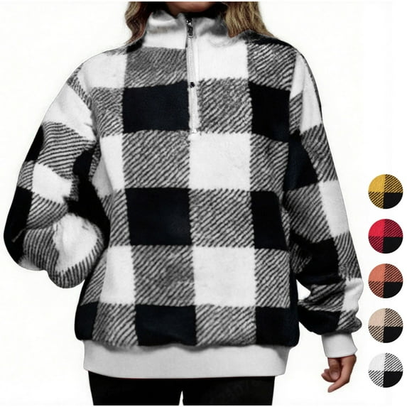 QATAINLAV Women's Sherpa Fleece Pullover Tops Fashion Plaid Long Sleeve Zipper Stand Neck Sweatshirt Winter Clothes, Yellow, S