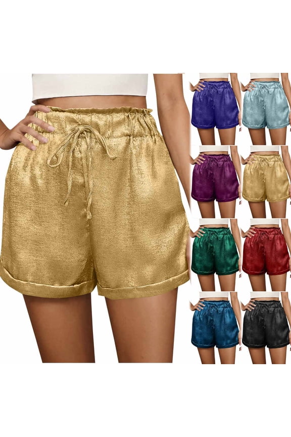 Women's Shiny Wide Leg Shorts Drawstring Tie Front Summer Paperbag Shorts Elastic High Waisted Bermuda Shorts with Side Pockets Blue L Prime Sales of The Day