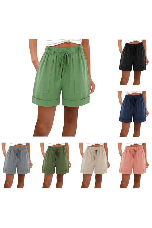 Women's Shorts, Linen Shorts for Women 2025 Casual Drawstring Beach Shorts Summer Loose Wide Leg Shorts Basic Solid Bermuda Shorts with Pockets Sale of the Day Pink XXL