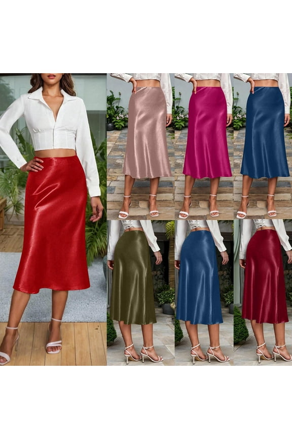 Women's Silk Satin Skirts High Waist A Line Flared Midi Skirt Side Zipper Business Casual Outfits, Red, M, Birthday Gifts