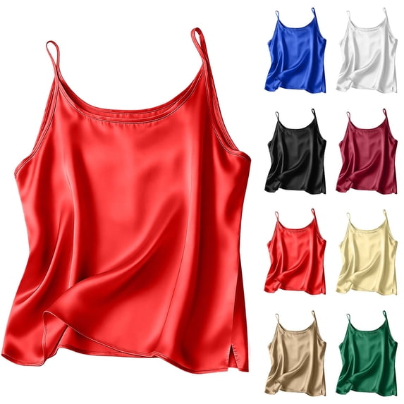 QATAINLAV Women's Silk Satin Tank Tops Scoop Neck Spaghetti Strap Sleeveless Camisole Summer Trendy Dressy Blouse Green S