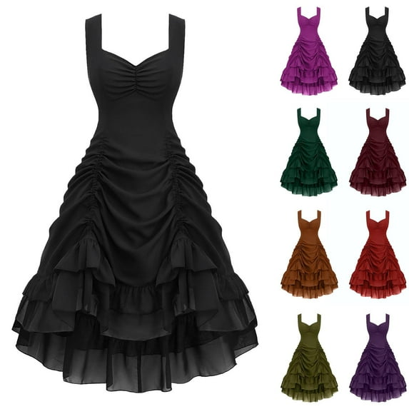 QATAINLAV Women's Sleeveless Gothic Dress Cinched Ruched Victorian Steampunk Witch Dresses Halloween Cosplay Costumes, Black, L
