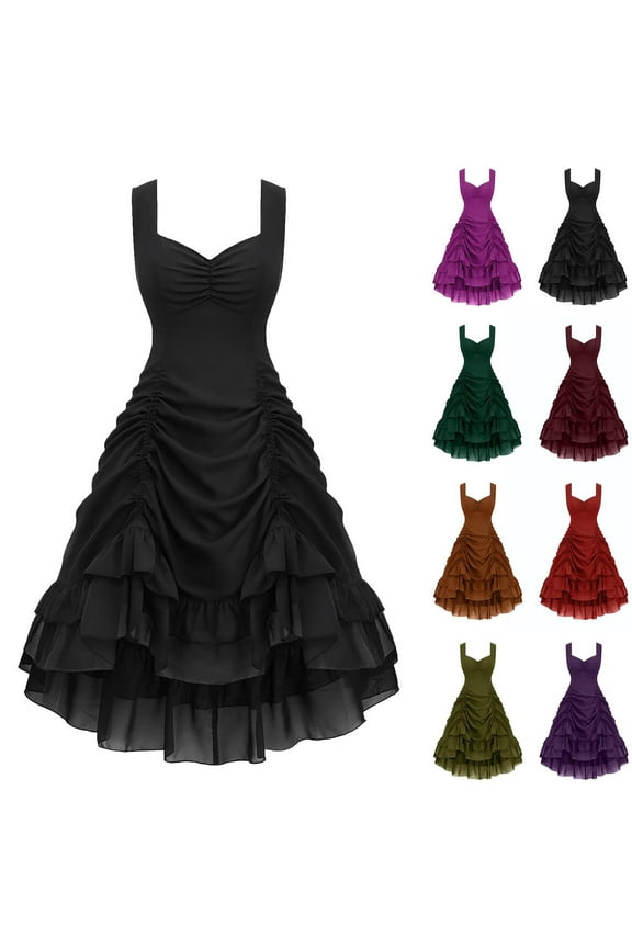 Women's Sleeveless Gothic Dress Cinched Ruched Victorian Steampunk Witch Dresses Halloween Cosplay Costumes, Black, M