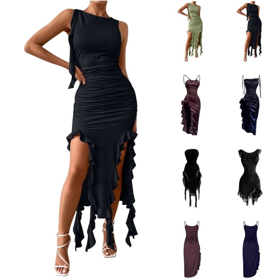 QATAINLAV Women's Sleeveless Ruffle Trim Split Hem Long Dress Cocktail Party Bodycon Formal Dress Halloween Costume, Green, M