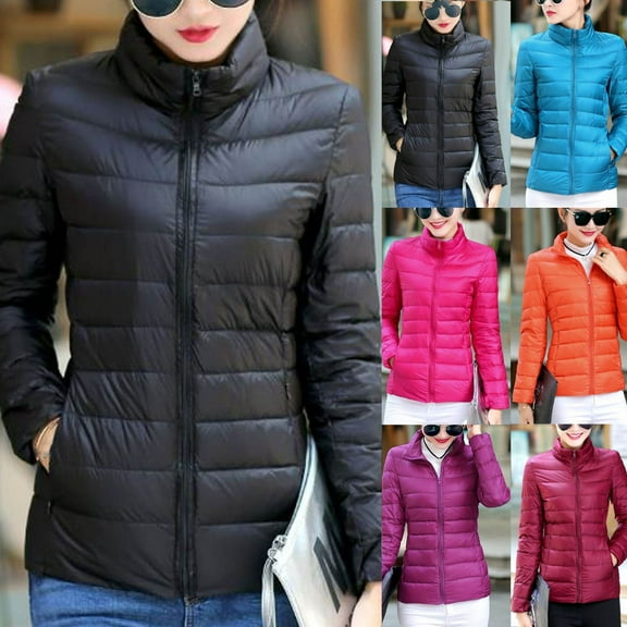 QATAINLAV Women's Slim Fit Quilted Puffer Jacket Zip Long Sleeve Warm Winter Coat Solid Casual Stand Collar Down Jackets with Pockets, Black, XL