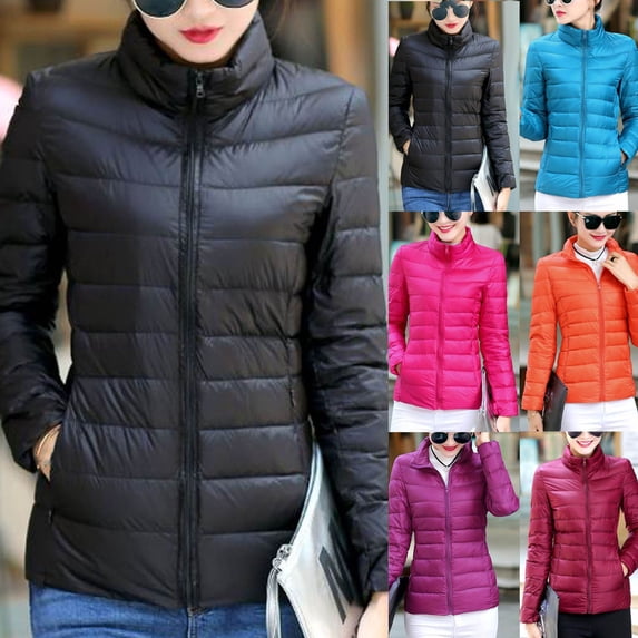 QATAINLAV Women's Slim Fit Quilted Puffer Jacket Zip Long Sleeve Warm Winter Coat Solid Casual Stand Collar Down Jackets with Pockets, Hot Pink, L