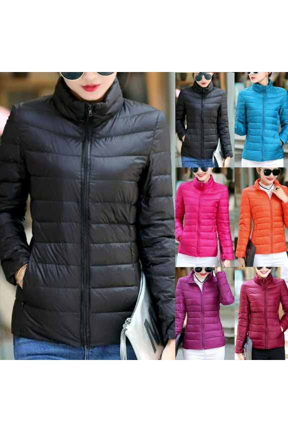 Women's Slim Fit Quilted Puffer Jacket Zip Long Sleeve Warm Winter Coat Solid Casual Stand Collar Down Jackets with Pockets, Hot Pink, XXXL