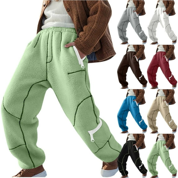 QATAINLAV Women's Snow Ski Pants Sherpa Fleece Loose Fit Sweatpants Outdoor Winter Warm Fuzzy Workout Trousers with Zipper Pockets, Red, L