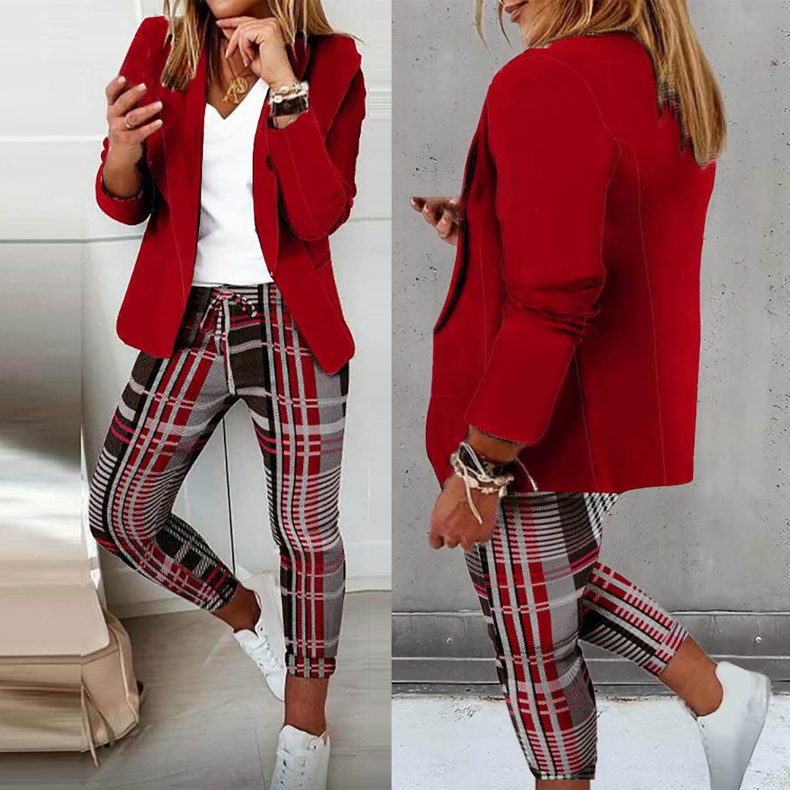 QATAINLAV Women's Solid Casual Blazer Jacket and Plaid Pants