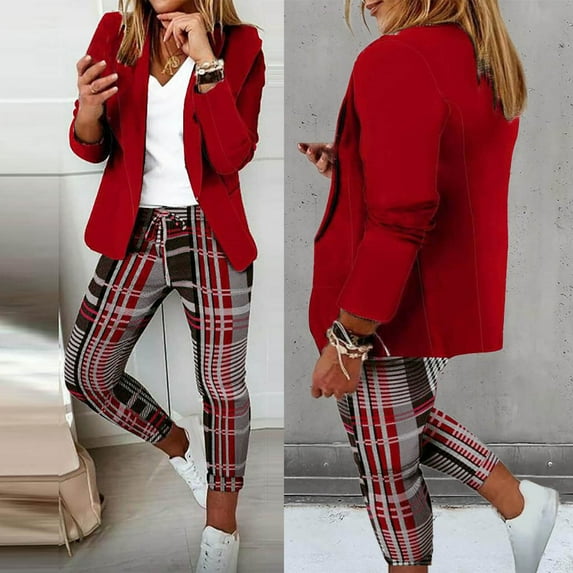 QATAINLAV Women's Solid Casual Blazer Jacket and Plaid Pants Business Casual Outfits Fall Long Sleeve Cardigan Matching Drawstring Sweat Pants 2 Piece Sets Today Prime Sales Wine S