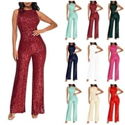 QATAINLAV Womens Sparkly Strapless Jumpsuits Sequin Sexy Sleeveless Rompers High Waist Belted Wide Leg Glitter One Piece Pants Elegant Overalls Party Clubwear Dollar Sales Black L