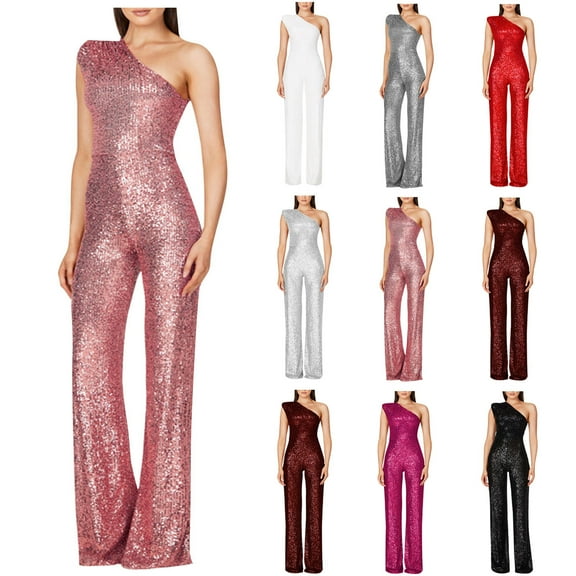 QATAINLAV Women's Sparkly Sequin Jumpsuits Ladies Shiny Sequin Overalls Sexy Sleeveless One Shoulder Wide Leg One Piece Pants Wine S