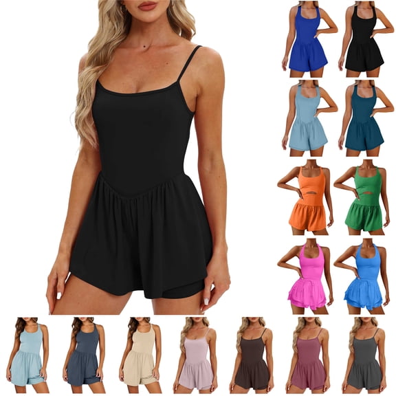 QATAINLAV Women's Square Neck Sleeveless Romper Adjustable Spaghetti Straps Double Lined Shorts Jumpsuits One Piece Tennis Workout Rompers Brown XL Lightning Sales Today