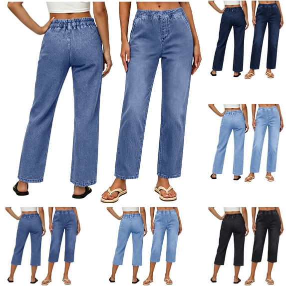 QATAINLAV Women's Stretchy Ankle Jeans Casual Elastic Mid Waist Jeans solid Color Straight Leg Denim Pants with Pockets Dark Blue XXXL