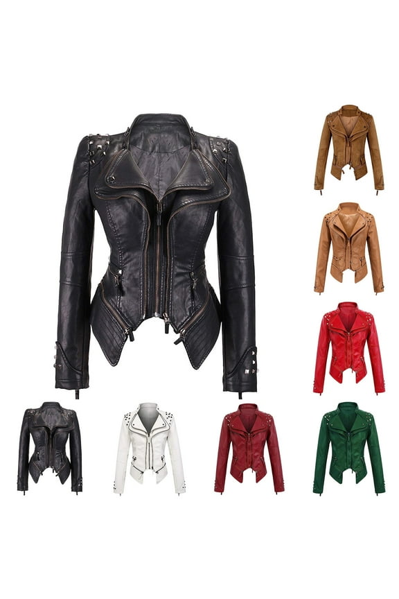 Women's Studded Rivets Faux Leather Jacket Fashion Zipper Punk Cropped Outerwear Lapel Motor Jackets Casual Coats, Green, L