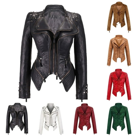 QATAINLAV Women's Studded Rivets Faux Leather Jacket Fashion Zipper Punk Cropped Outerwear Lapel Motor Jackets Casual Coats, White, XS