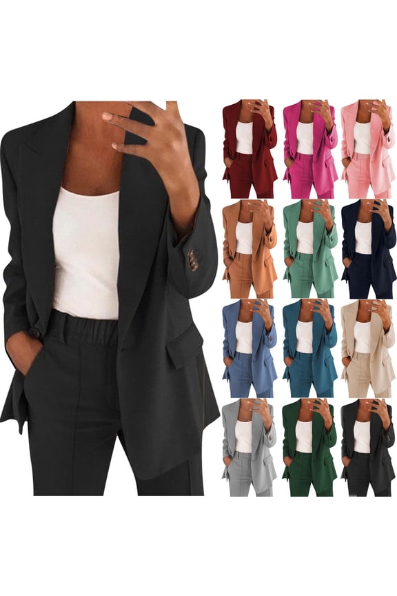 Women's Suiting 2025 Fall 2 Piece Outfits Blazer Jacket and Wide Leg Pant Suits Solid Dressy Casual Business Work Suit Sets Gifts for Mom Blue 4XL