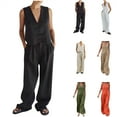 thumbnail image 1 of QATAINLAV Women's Cotton Linen 2 Piece Outfits Sleeveless V Neck Blazer Vest and Wide Leg Pants Business Work Sets with Pockets, White, L, 1 of 6