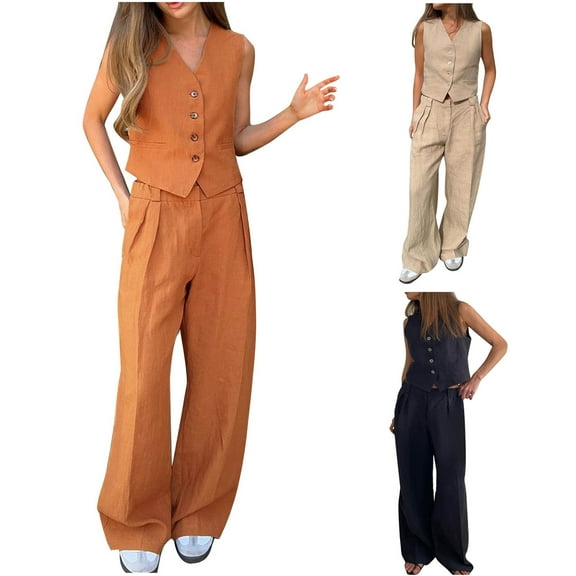 QATAINLAV Business Casual Outfits for Women Linen Matching Set Loose Button V Neck Blazer Vest and Wide Leg Dress Pants 2 Piece Sets, Black, M