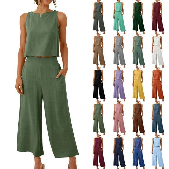 QATAINLAV Women's Summer 2 Piece Outfits Sleeveless Crop Top and Wide Leg Capri Pants with Pockets Beach Travel Vacation Outfits Black XXXL Sale of The Day