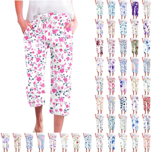 QATAINLAV Women's Summer Boho Casual Capri Pants Elastic Waist Drawstring Pants Floral Print Cropped Trousers with Pocket Streetwear Vacation Outfits Multicolor S Weekly Prime