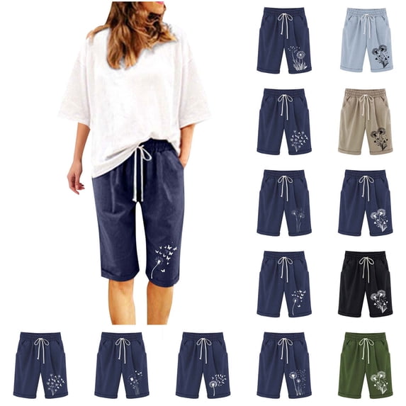 QATAINLAV Women's Summer Casual High Waisted Bermuda Shorts Drawstring Cotton Linen Knee Length Shorts Fashion Cute Print Beach Shorts Navy S 90% off Clearance Sale