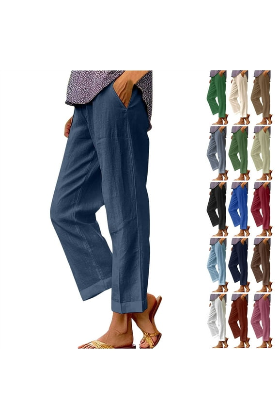 Women's Summer Casual Linen Pants Elastic Waist Loose Fit Straight Leg Crop Pants 2025 Basic Solid Color Beach Trousers with Pockets Ofertas Flash Del Dia Premium Hoy Army Green XXL