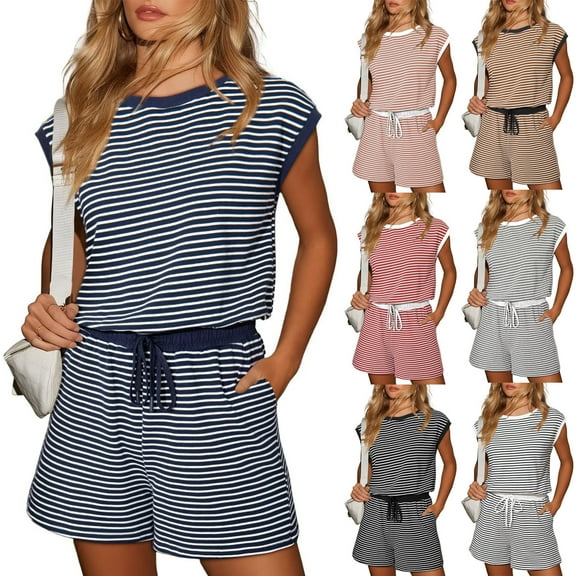 QATAINLAV Women's Summer Casual Rompers Fashion Striped Onesie Shorts Overalls Drawstring Waist Tank Jumpsuits One Piece Outfits Pink XL Camisas Para Hombres