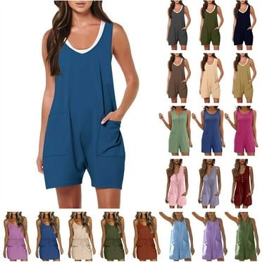 QATAINLAV Women's Summer Casual Sleeveless Rompers Loose Tank Top Shorts Jumpsuit Basic Solid Color Overalls with Pockets 2025 Clothes Blue XL Gifts for Girls