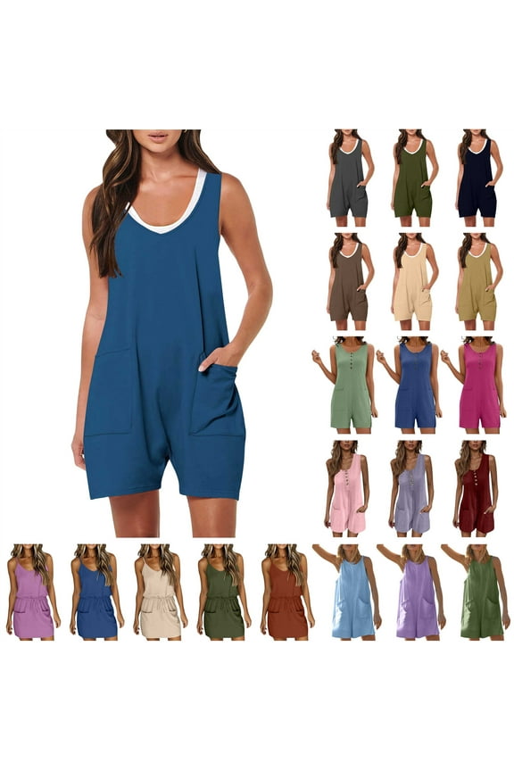 Women's Summer Casual Sleeveless Rompers Loose Tank Top Shorts Jumpsuit Basic Solid Color Overalls with Pockets 2025 Clothes Blue XL Gifts for Girls