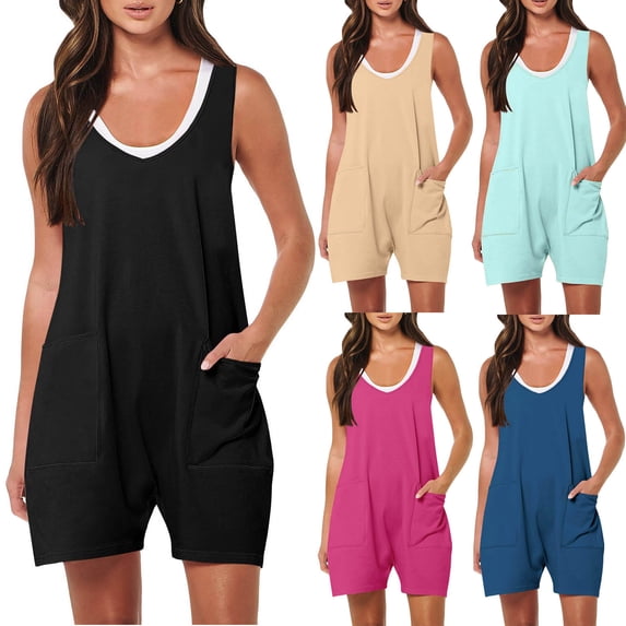 QATAINLAV Women's Summer Casual Sleeveless Rompers Loose Tank Top Shorts Jumpsuit Basic Solid Color Overalls with Pockets 2026 Clothes Khaki XL