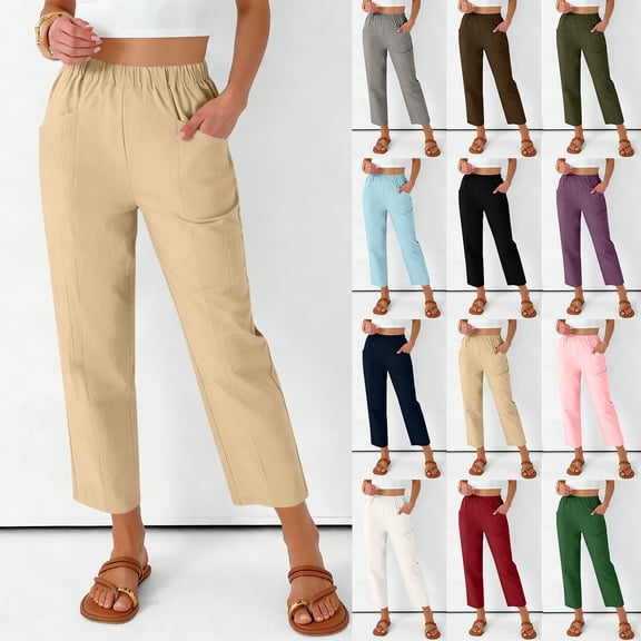 QATAINLAV Women's Summer Causal Elastic Waist Linen Pants Solid Color Lightweight Cropped Beach Trousers with Pockets, Gray, XL