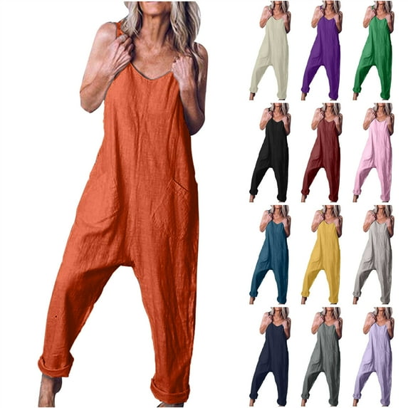 QATAINLAV Women's Summer Cotton Linen Jumpsuits for Beach Vacation V Neck Sleeveless Tank Overalls Solid Color Harem Onesie Pants with Pockets Black XL Gifts for Girlss