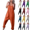 thumbnail image 1 of QATAINLAV Women's Summer Cotton Linen Jumpsuits for Beach Vacation V Neck Sleeveless Tank Overalls Solid Color Harem Onesie Pants with Pockets Navy XXXXXL Fall Savings, 1 of 8
