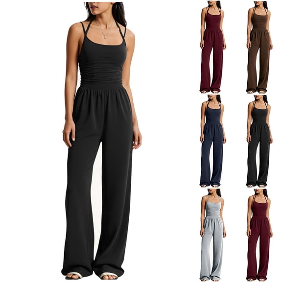 QATAINLAV Women's Summer Jumpsuit Trendy Spaghetti Strap One Piece Pants Casual Loose Wide Leg Romper Yoga Workout Outfits, Black, M
