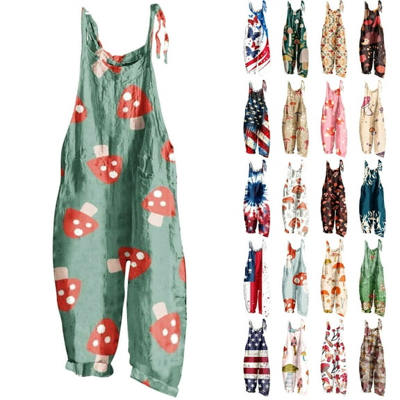 QATAINLAV Women's Summer Linen Bib Overalls Trendy Mushroom Print Hippie Jumpsuits Sleeveless Adjustable Strap Romper Casual Wide Leg One Piece Pants with Pockets Ofertas en Walmart White XL