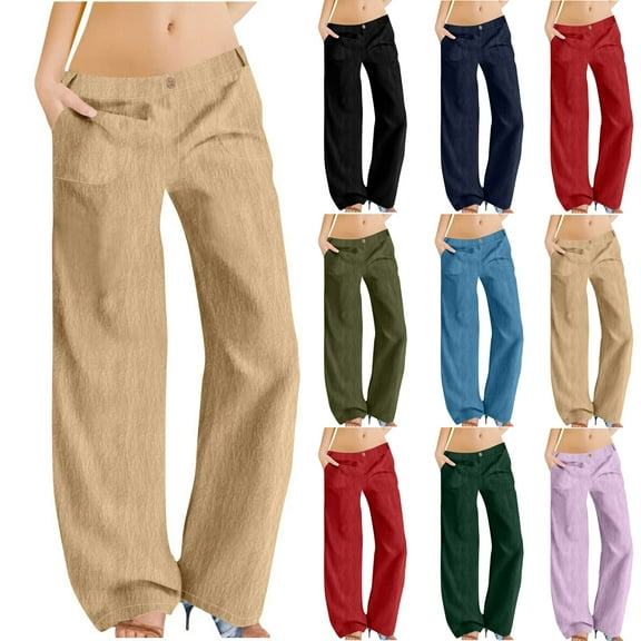 QATAINLAV Women's Summer Linen Palazzo Pants Loose Fit Flowy High Waisted Wide Leg Pants Solid Casual Long Beach Pants with Pockets Red S Ofertas en Walmart