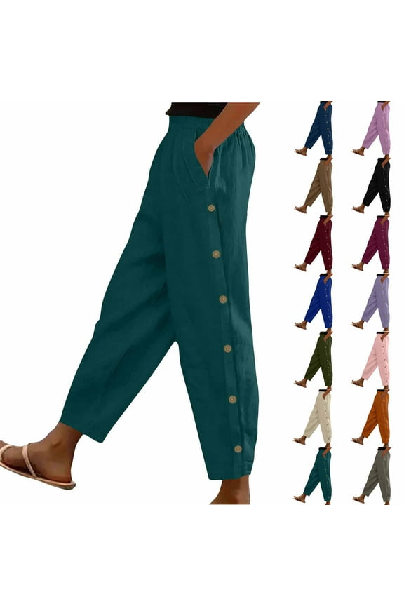 Women's Summer Linen Pants Casual Side Button Elastic Waist Straight Leg Trousers Baggy Lightweight Beach Pants with Pockets Orange L Weekly Sales
