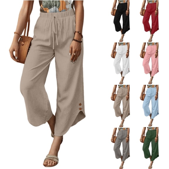 QATAINLAV Women's Summer Linen Pants Solid Color Loose Wide Leg Trousers with Pockets Side Buttons Drawstring Beach Pants Khaki L