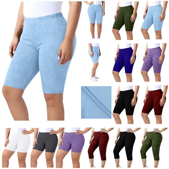 QATAINLAV Women's Summer Plus Size Yoga Shorts Elastic Waist Casual Pajams Bottoms Solid Color Stretchy Tight Short Leggings, Blue, XL