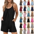 thumbnail image 1 of QATAINLAV Women's Summer Romper 2025 Trendy Backless Sling Sleeveless Jumpsuit Casual Pleated Neck Short Overalls with Pockets Vacation Outfits Blue S Lightning Sale, 1 of 8