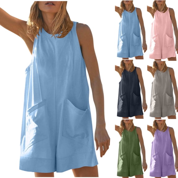 QATAINLAV Women's Summer Sleeveless Linen Romper Casual Loose Onesies Shorts Jumpsuit Beach Vacation Outfits with Pockets Green L