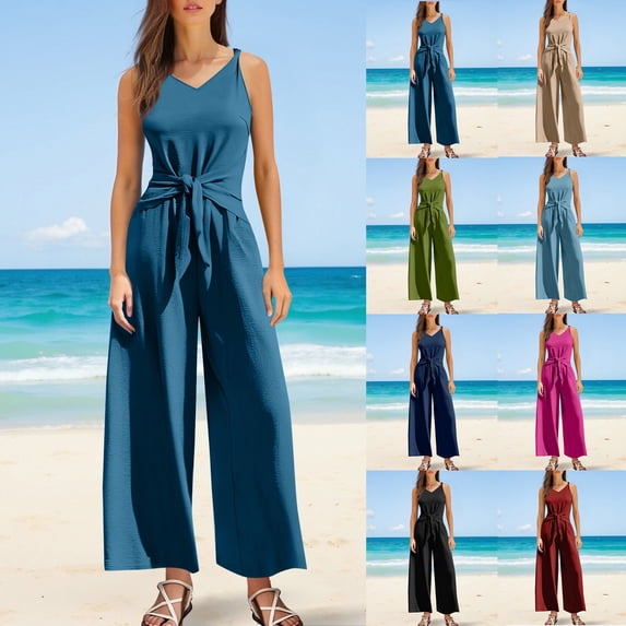 QATAINLAV Women's Summer Sleeveless Wide Leg Jumpsuits Loose Casual Tie Knot One Piece Pants Romper Beach Vacation Outfits, Wine, M