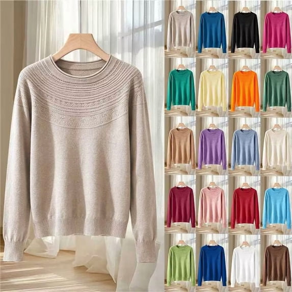 QATAINLAV Women's Sweaters Crew Neck Hollow Knit Daily Pullover Lace Textured Chest Ribbed Cuff Hem Knited Base Layer Tops