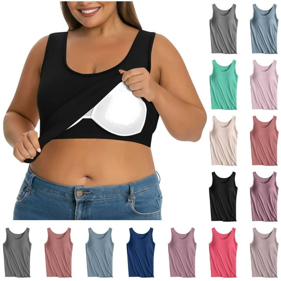 QATAINLAV Women's Tops with Built in Bra, Tank Top for Women Casual Sleeveless Casual Workout Yoga Vest Tops Basic Solid Tee Back to School Blouse, Gray, XL