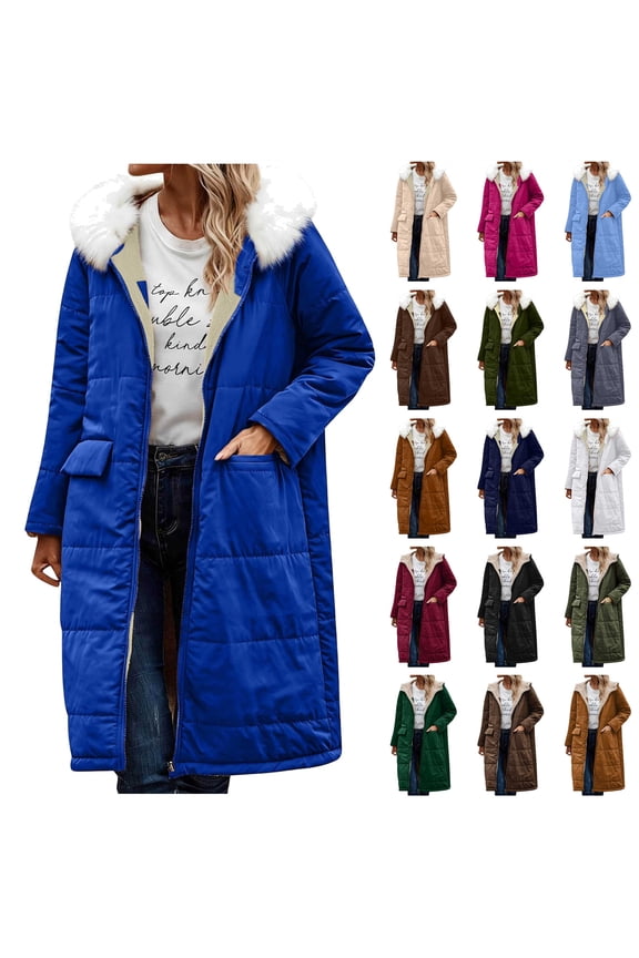 Women's Trench Coats Fall Winter Hooded Warm Fleece Sherpa Jacket Reversible Zipper Up Long Puffer Jacket with Pockets, Navy, S