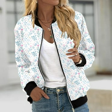 QATAINLAV Women's Trendy Bomber Jackets Floral Print Baseball Jacket Lightweight Zip up Casual Varsity Jacket Moto Windbreaker Outerwear with Pockets 50% Percent off Deals Today Light Blue L