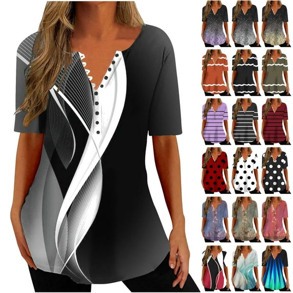 QATAINLAV Women's Tshirts Casual V Neck Short Sleeve Loose Summer Tunic Tops Trendy Hearts Print Button Blouse Holiday Henley Shirts Black XL