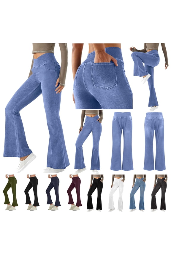 Women's Tummy Control Bell Bottom Jeans High Waisted Flare Leg Yoga Pants Solid Casual Denim Jeggings with Pockets, Army Green, XXXL